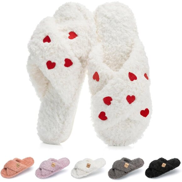 ⚡Women’s White Red Heart Faux Fur Cozy Fuzzy Cross Band Slippers House Shoes - Picture 1 of 6